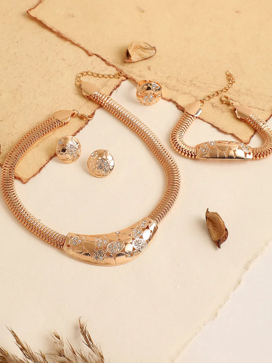 Gold Plated Designer Stone Necklace, Earring, Ring and Bracelet Set