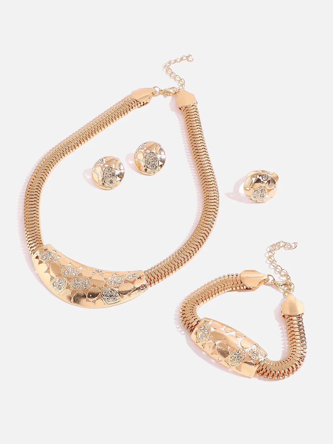 Gold Plated Designer Stone Necklace, Earring, Ring and Bracelet Set