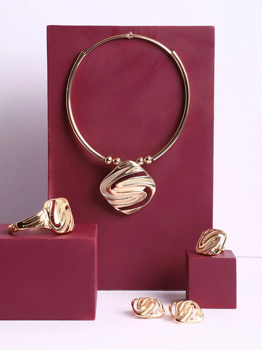 Gold Plated Designer Stone Necklace, Earring, Ring and Bracelet Set