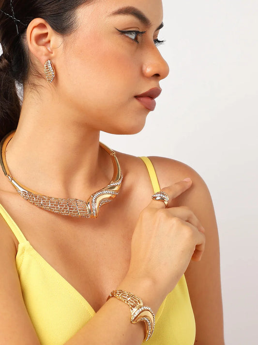 Gold Plated Designer Stone Necklace, Earring, Ring and Bracelet Set