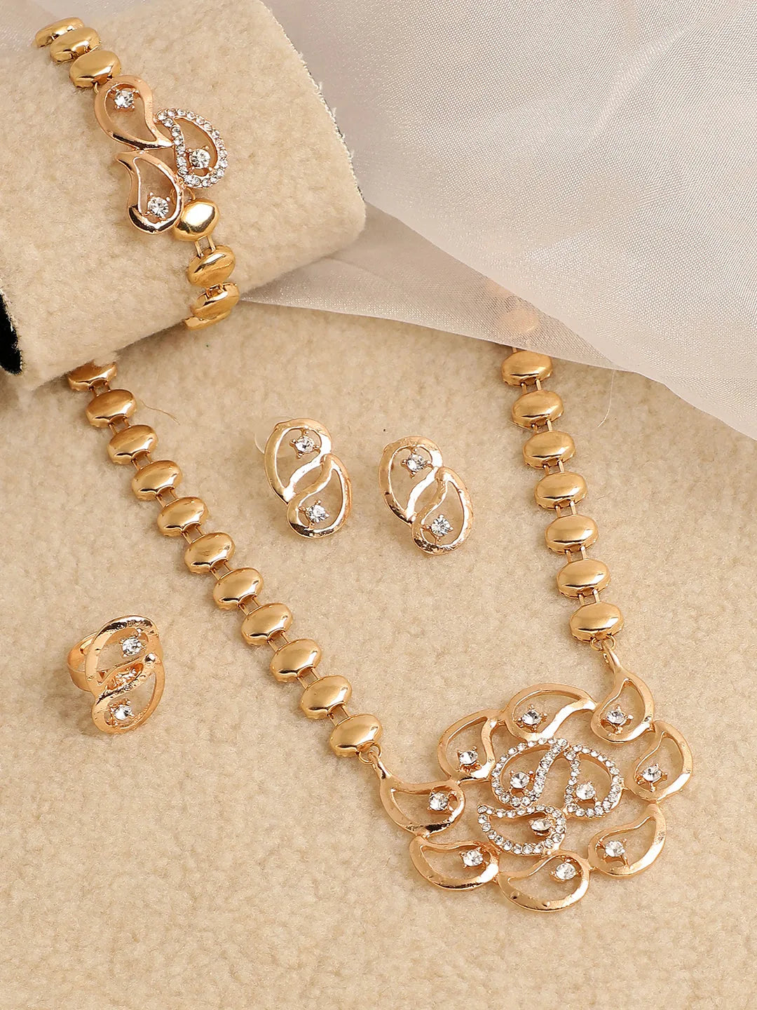 Gold Plated Designer Stone Necklace, Earring, Ring and Bracelet Set