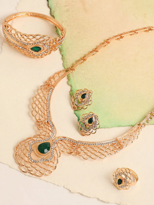 Gold Plated Designer Stone Necklace, Earring, Ring and Bracelet Set