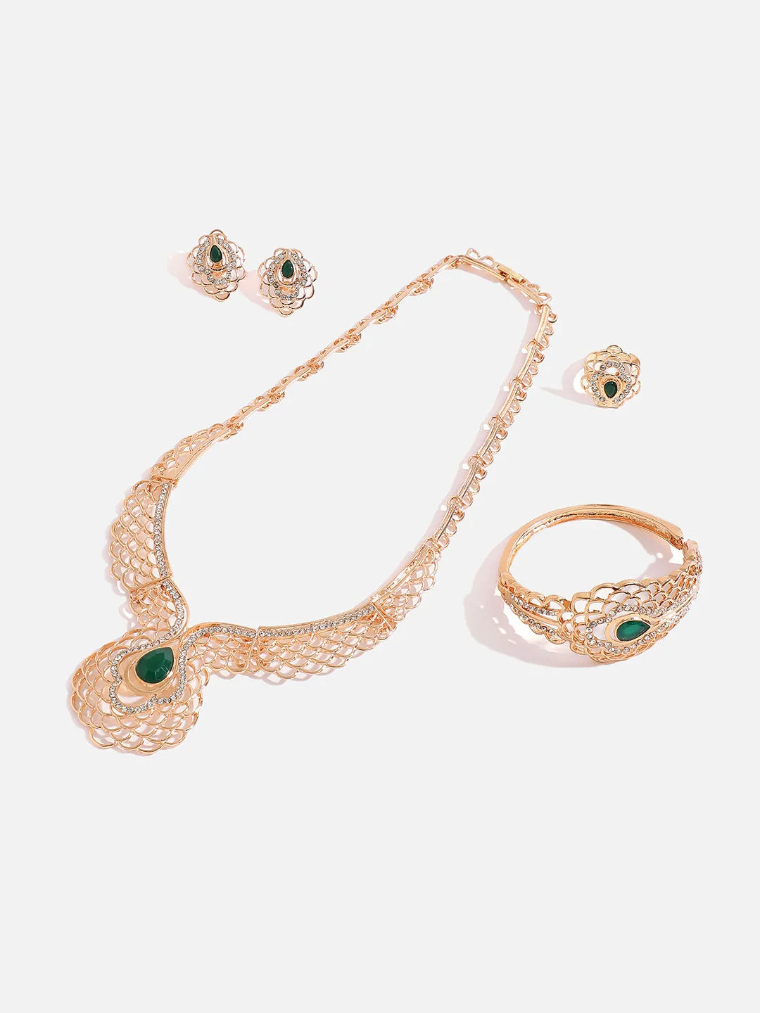 Gold Plated Designer Stone Necklace, Earring, Ring and Bracelet Set