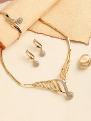 Gold Plated Designer Stone Necklace, Earring, Ring and Bracelet Set