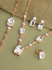 Gold Plated Designer Stone Necklace, Earring, Ring and Bracelet Set