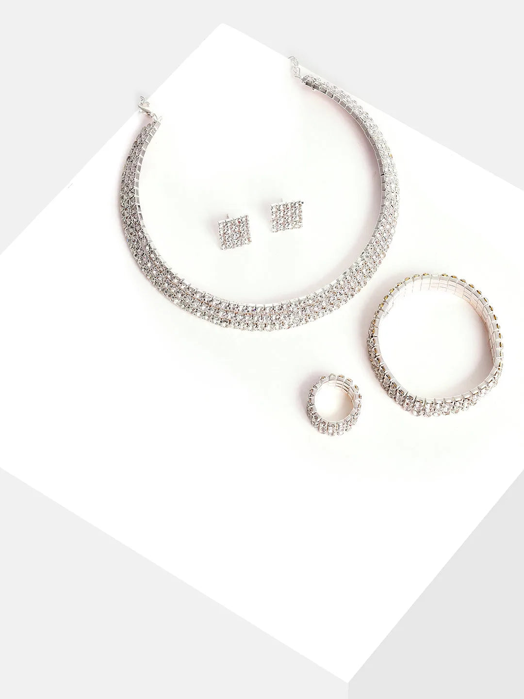 Silver Plated Designer Stone Necklace, Earrings, Bracelet and Ring Set