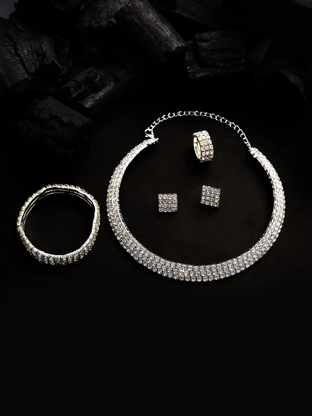 Silver Plated Designer Stone Necklace, Earrings, Bracelet and Ring Set