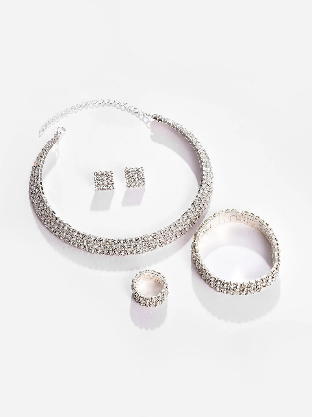 Silver Plated Designer Stone Necklace, Earrings, Bracelet and Ring Set