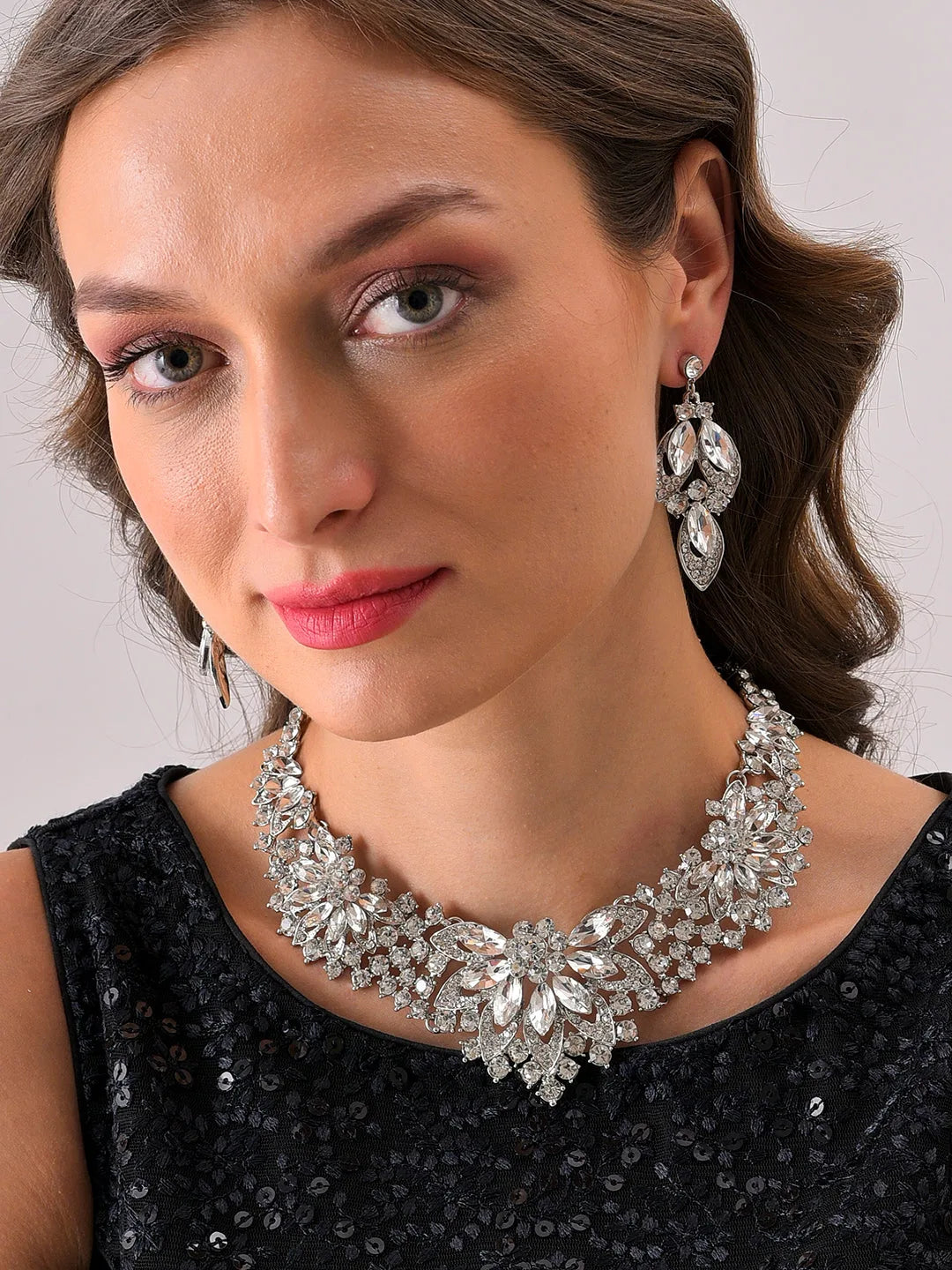 Silver Plated Designer Stone Necklace and Earring Set