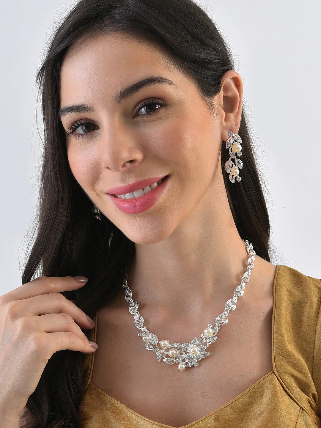 Silver Plated Designer Stone Necklace and Earring Set Jewellery Set