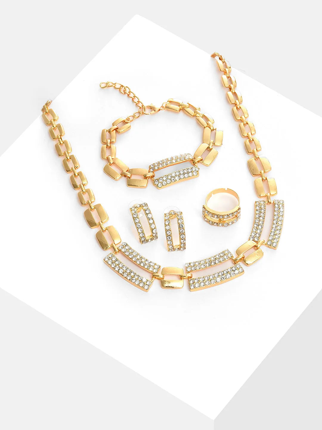 Gold Plated Designer Stone Necklace, Earrings, Bracelet and Ring Set Jewellery Set