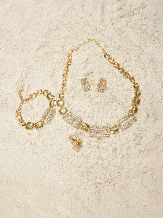 Gold Plated Designer Stone Necklace, Earrings, Bracelet and Ring Set Jewellery Set