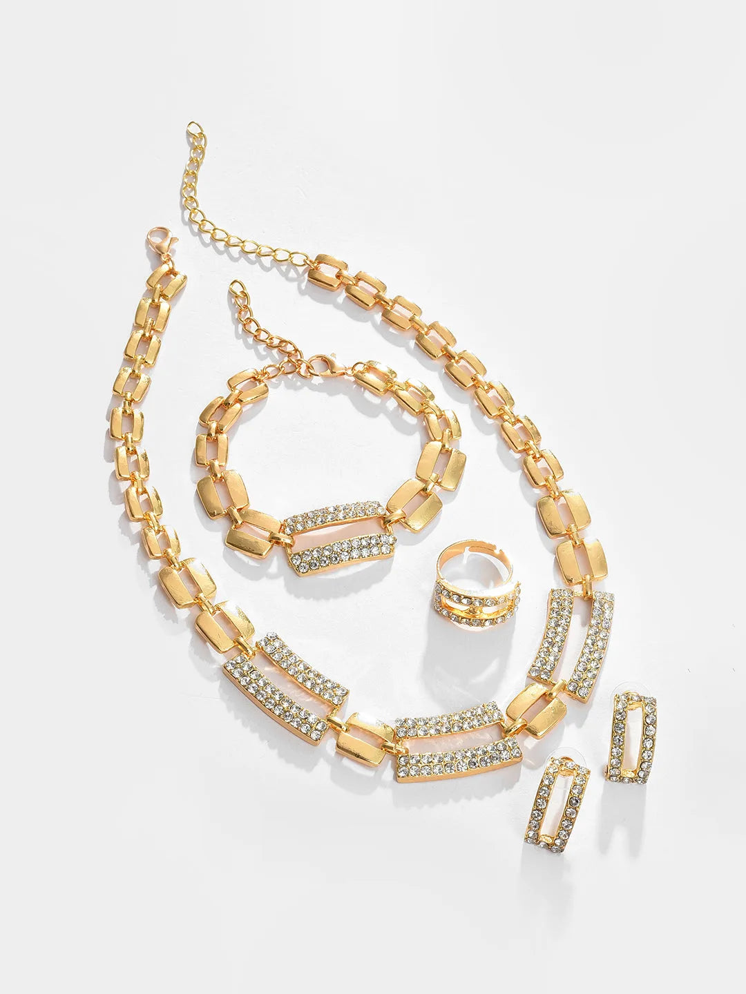 Gold Plated Designer Stone Necklace, Earrings, Bracelet and Ring Set Jewellery Set