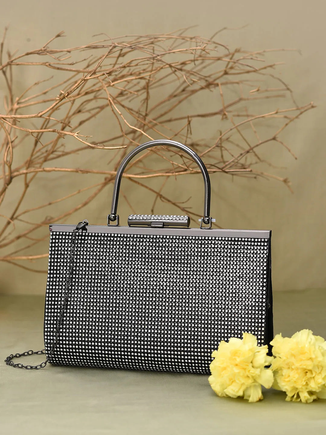 Textured Push Lock Clutch Bag with Chain Strap