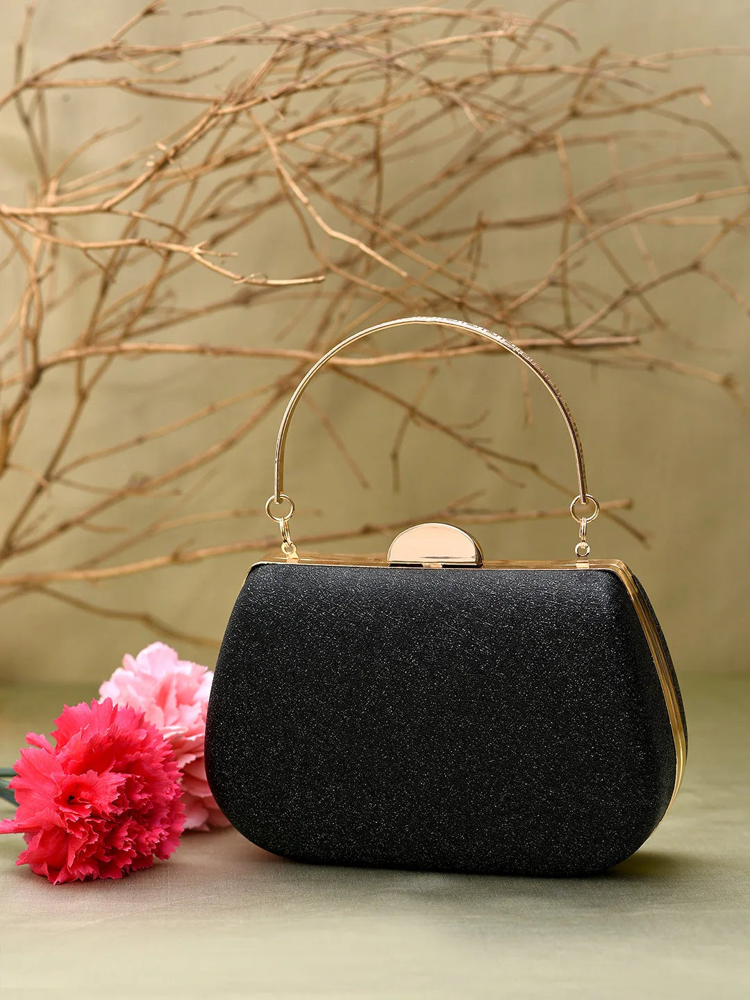 Textured Push Lock Clutch Bag with Chain Strap