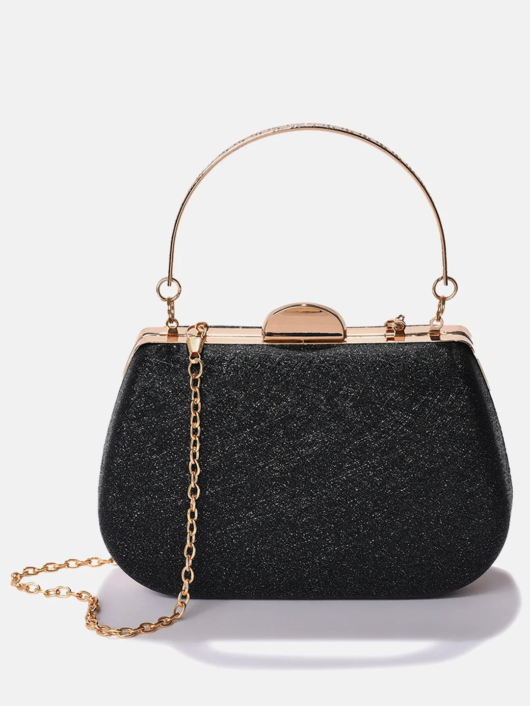 Textured Push Lock Clutch Bag with Chain Strap