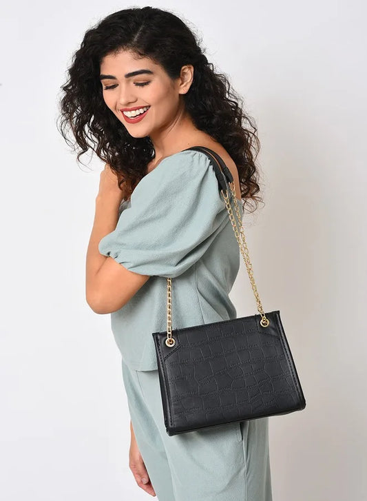 Textured Zip Lock Hand Bag with Chain Strap