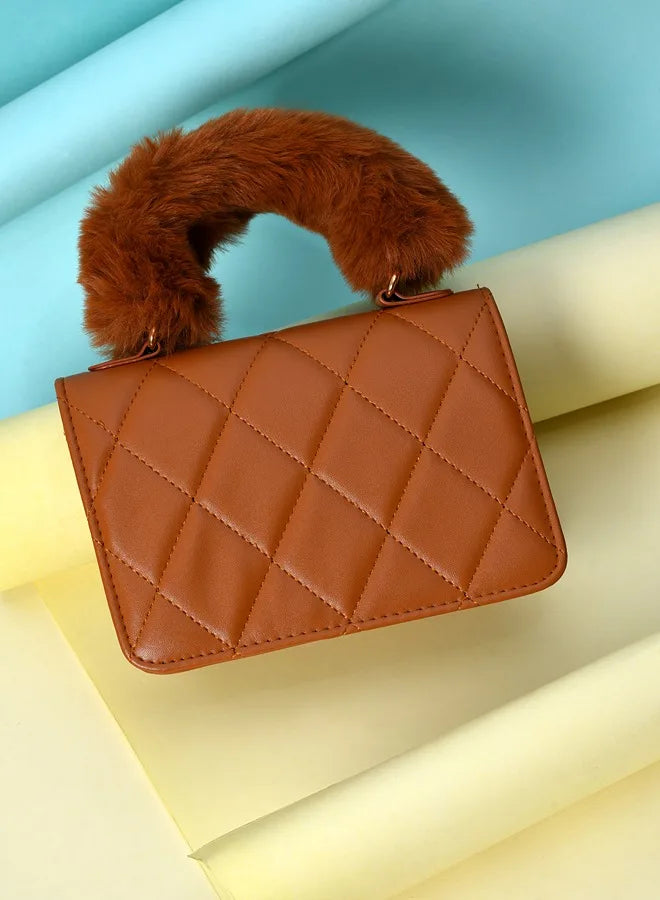 Quilted Magnet Lock Hand Bag with Fur Handle