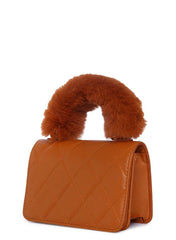 Quilted Magnet Lock Hand Bag with Fur Handle