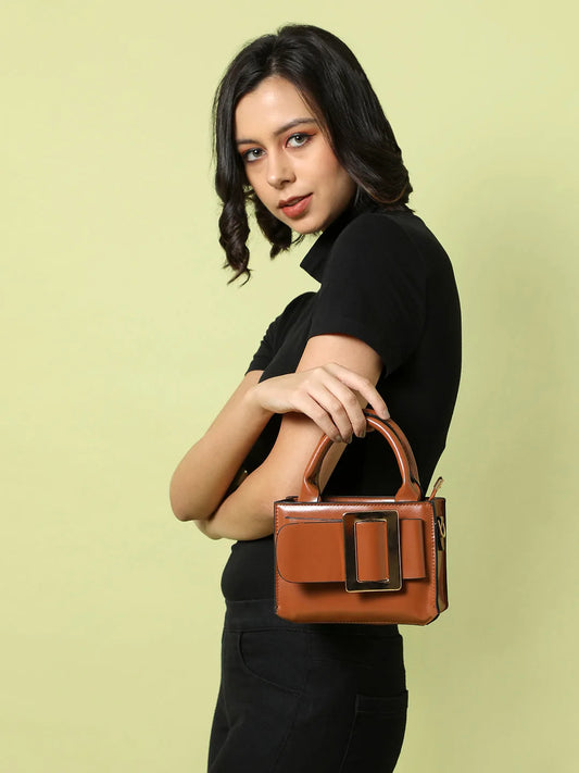 Solid Zip Lock Hand Bag with Buckle Detail