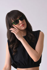 Women Black Lens Green Rectangle Sunglasses