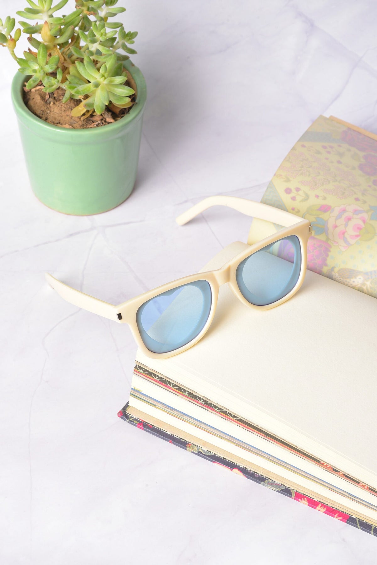 Women Blue Lens White Square Sunglasses