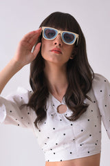 Women Blue Lens White Square Sunglasses