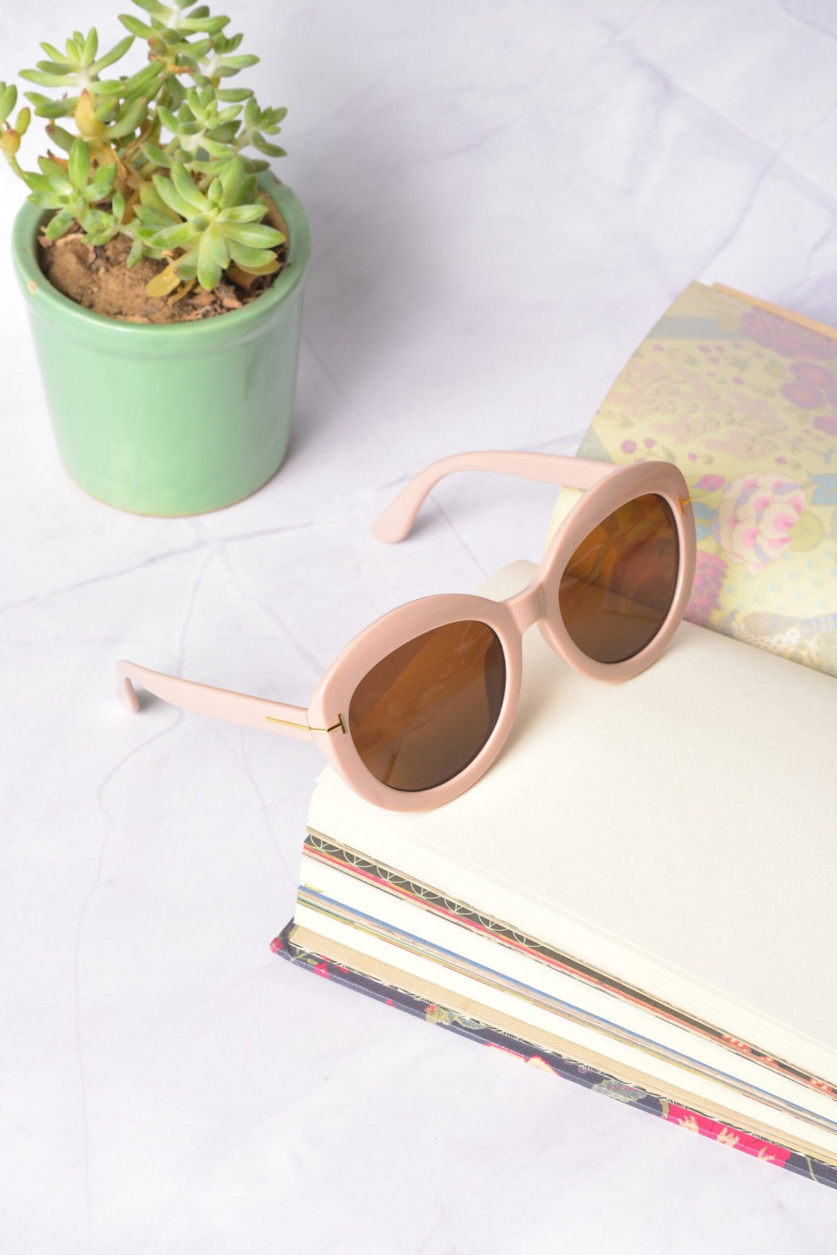 Women Brown Lens Pink Round Sunglasses