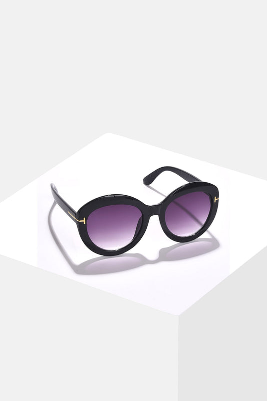 Women Purple Lens Black Oval Sunglasses