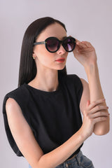 Women Purple Lens Black Oval Sunglasses