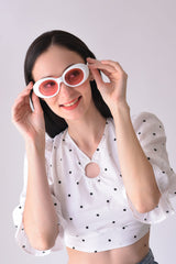 Women Pink Lens White Oval Sunglasses