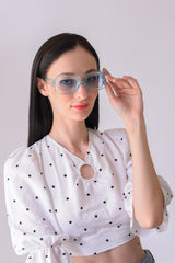 Women Blue Lens White Rectangle Sunglasses