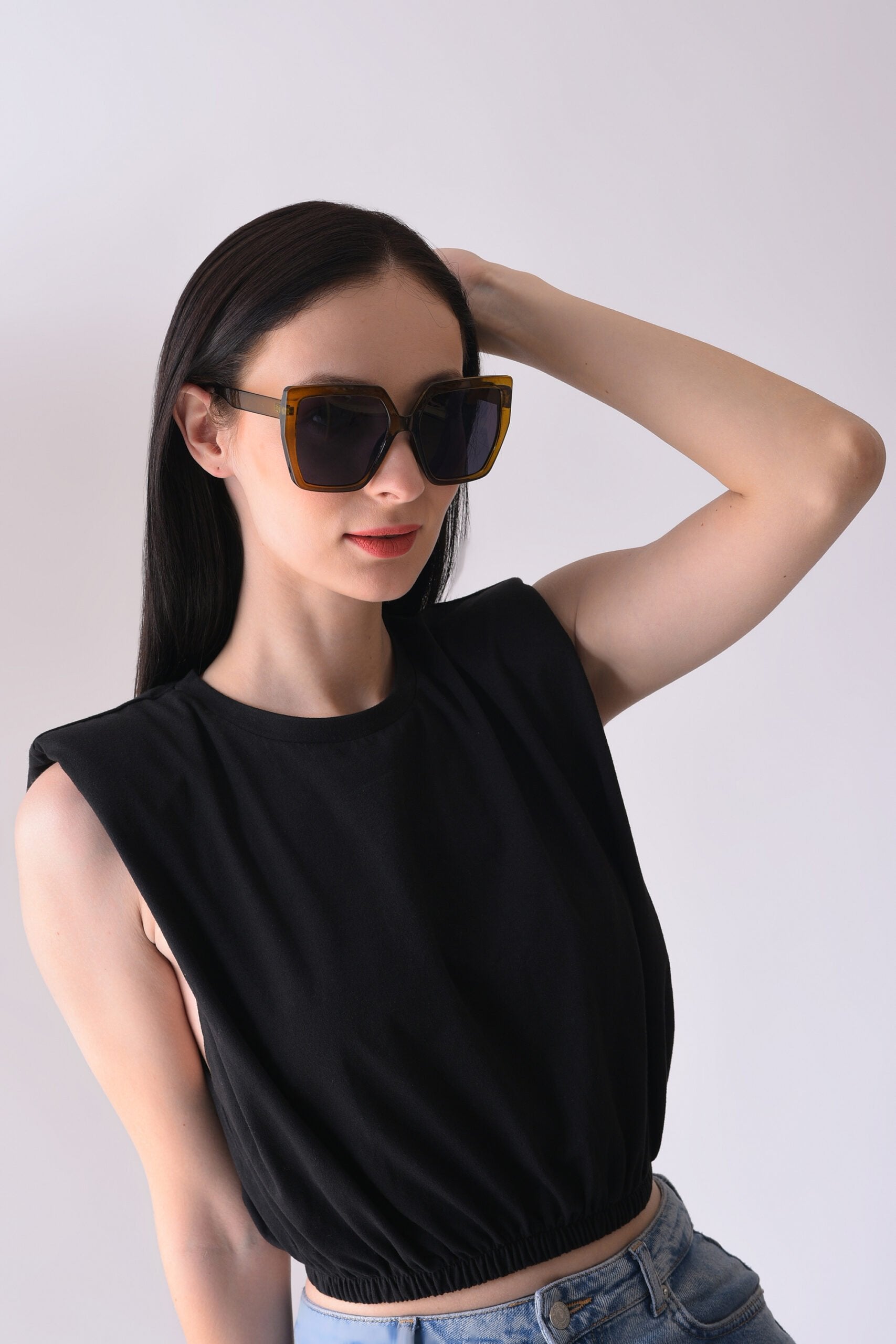 Women Black Lens Brown Rectangle Sunglasses