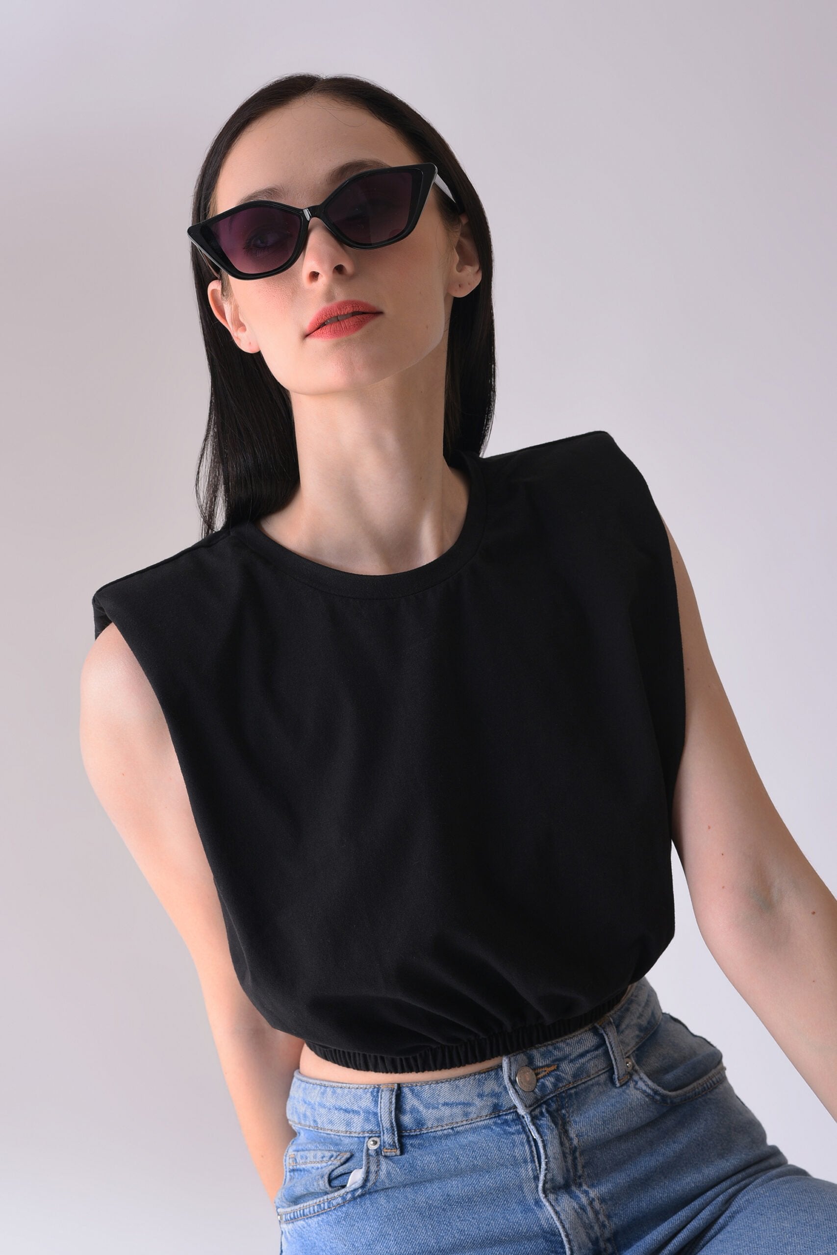 Women Purple Lens Black Cateye Sunglasses