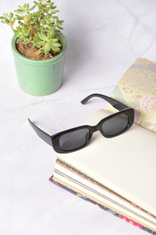 Women Black Lens Black Rectangle Sunglasses