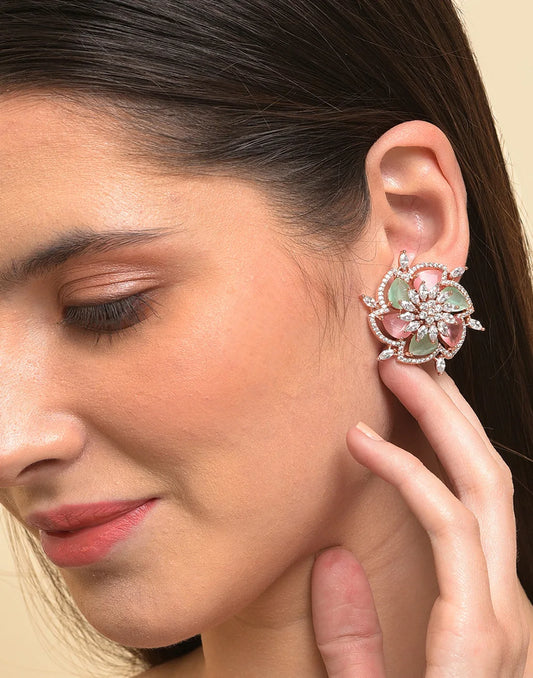 Gold Plated Stone Designer Floral Studs