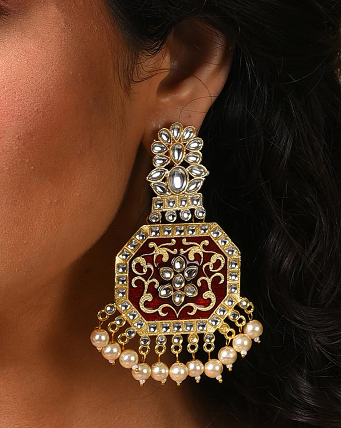 Gold Plated Kundan Pearl Drop Earring