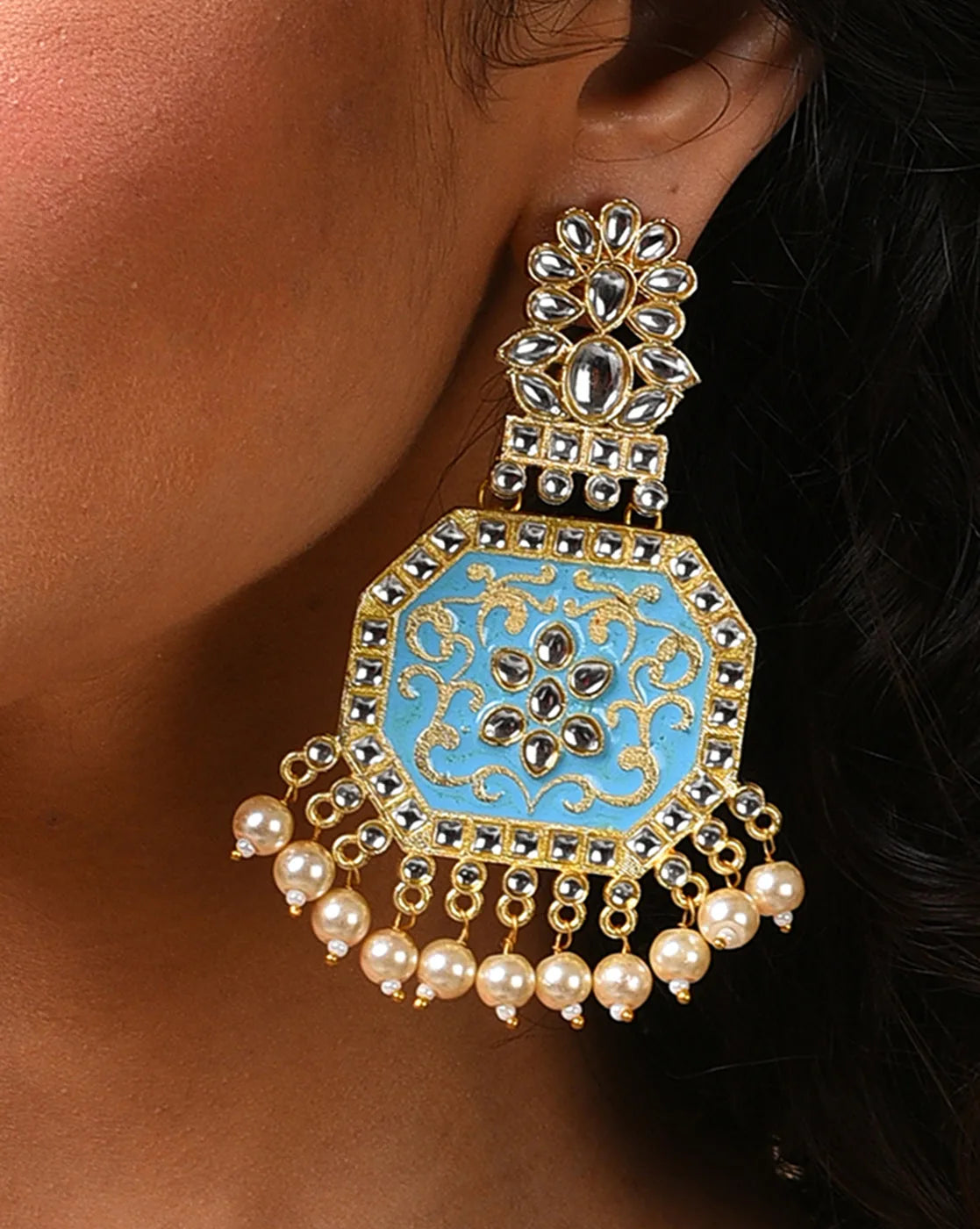 Gold Plated Kundan Pearl Drop Earring