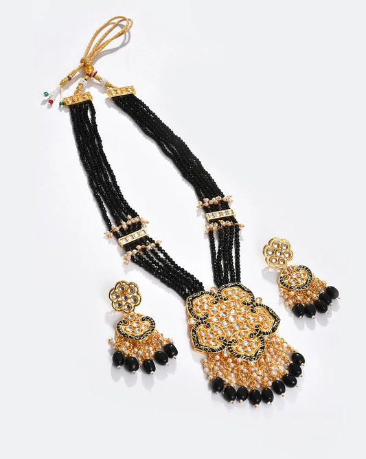 Gold Plated Kundan Beaded Necklace and Earrings Set