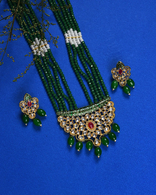 Gold Plated Kundan Beaded Necklace and Earrings Set