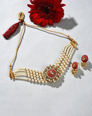 Gold Plated Kundan Pearl Necklace and Earrings Set