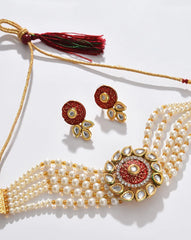 Gold Plated Kundan Pearl Necklace and Earrings Set