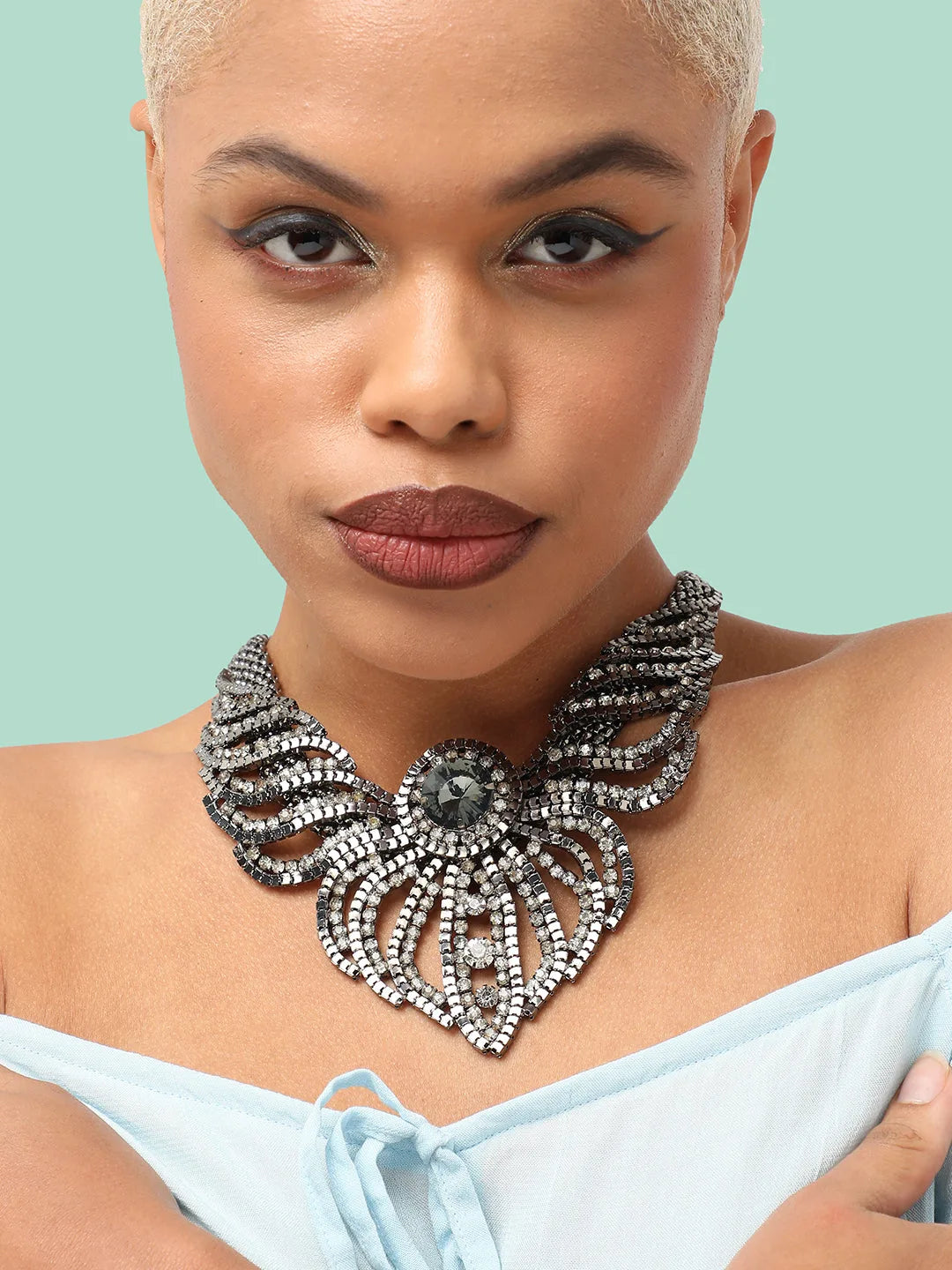 Silver Plated Party Designer Stone Statement Necklace