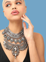 Silver Plated Party Designer Stone Statement Necklace For Women