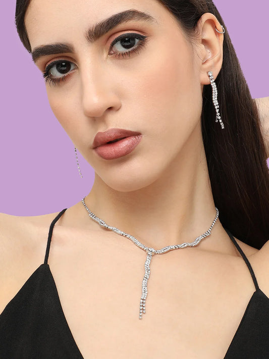 Silver Plated Designer Stone Party Necklace and Earring Set