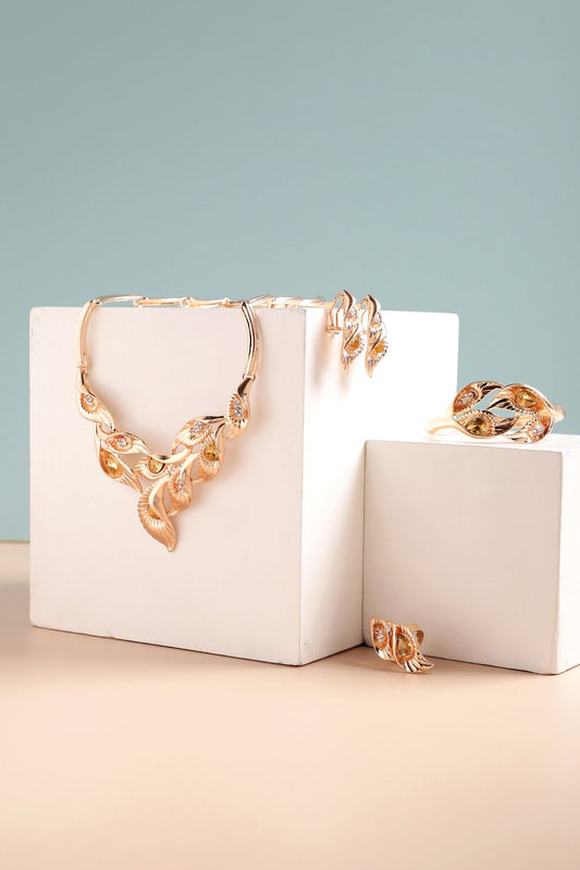 Gold Plated Designer Stone Party Necklace, Earring, Ring and Bracelet Set