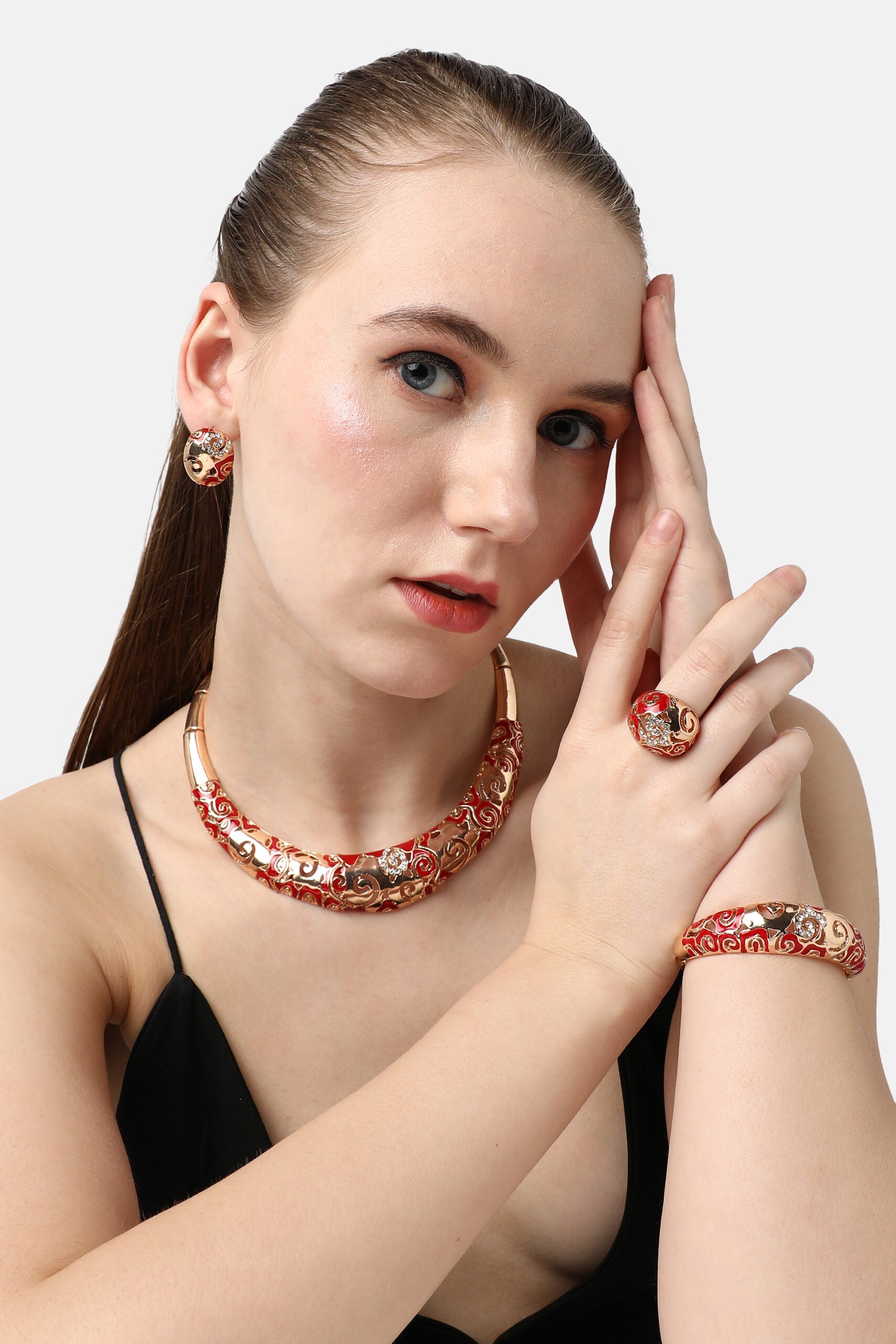 Gold Plated Designer Stone Party Necklace, Earring, Ring and Bracelet Set