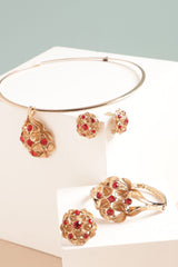 Gold Plated Designer Stone Party Necklace, Earring, Ring and Bracelet Set