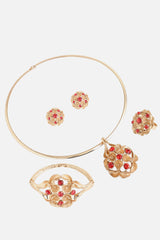 Gold Plated Designer Stone Party Necklace, Earring, Ring and Bracelet Set