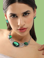 Silver Plated Party Designer Stone Necklace and Earring Set